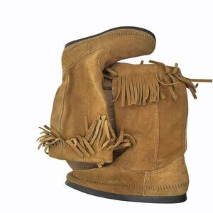 Minnetonka Women's Fringe Suede Mid Calf Boots Size 8 Camel Tan
